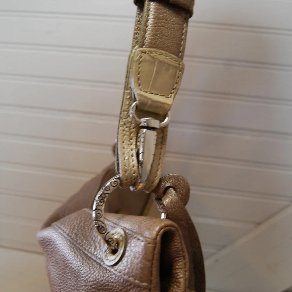 Vintage Brighton Hobo Purse Y2K Fold over Leather Shoulder bag Metallic Beige